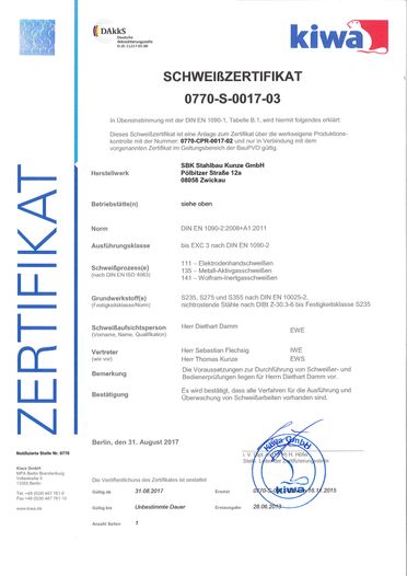 Nachweis für zertifizierte Qualität von SBK Stahlbau Kunze in Zwickau