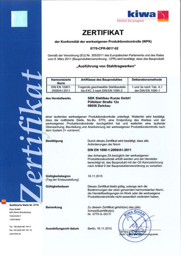 Nachweis für zertifizierte Qualität von SBK Stahlbau Kunze in Zwickau
