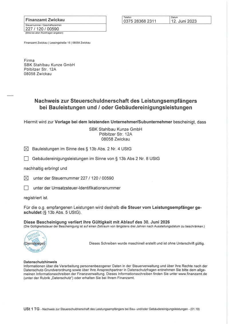 Nachweis für zertifizierte Qualität von SBK Stahlbau Kunze in Zwickau