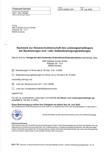 Nachweis für zertifizierte Qualität von SBK Stahlbau Kunze in Zwickau